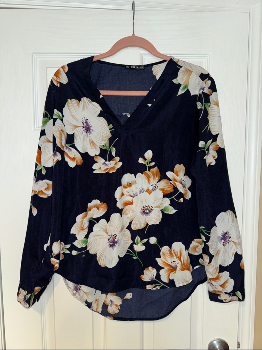 Shein navy floral blouse